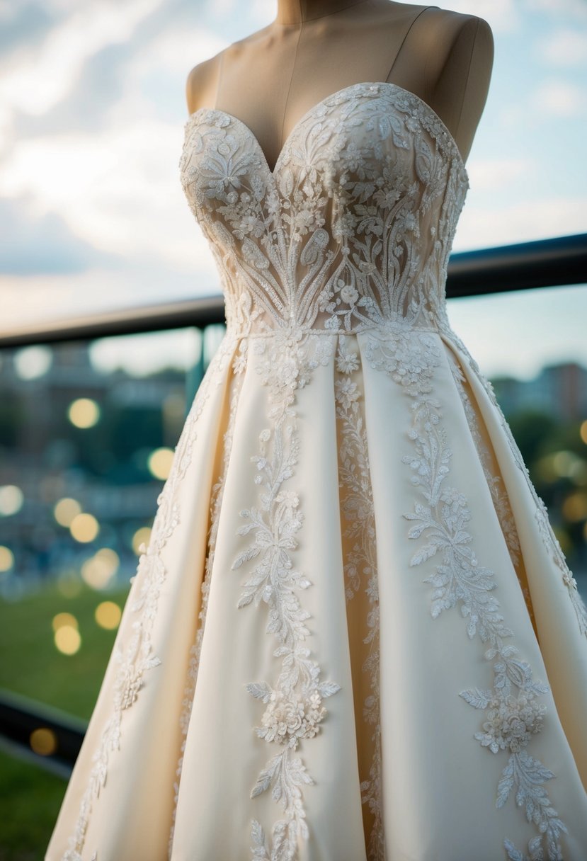 An ivory gown adorned with intricate floral motifs, inspired by traditional Jewish wedding dress designs