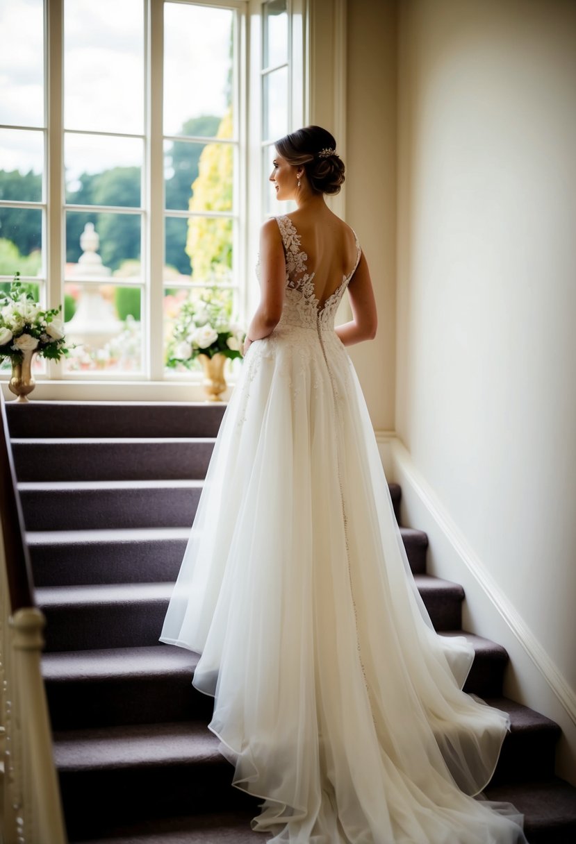 A bride stands on a grand staircase, her high-low hemline gown flowing behind her, as she gazes out a window at a picturesque garden