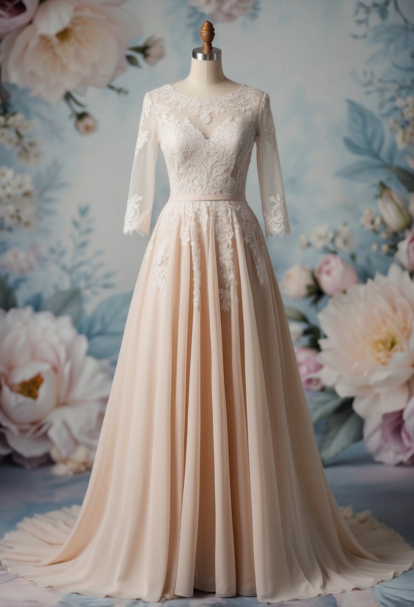 An elegant tea-length sleeve dress with intricate lace details and a flowing skirt, set against a backdrop of delicate floral patterns and ornate designs