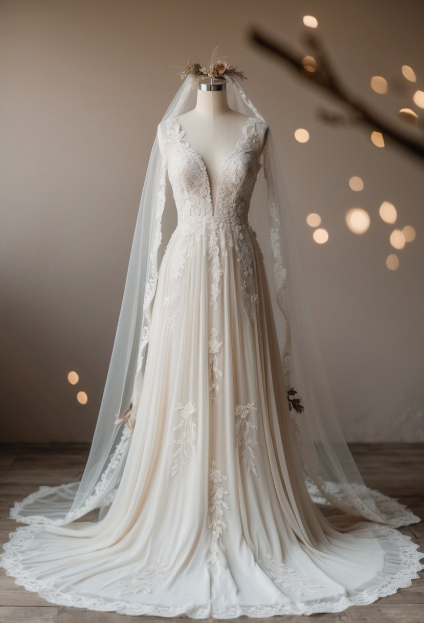 A flowing, off-white gown with delicate lace and embroidered floral details, paired with a matching veil and simple, earthy accessories