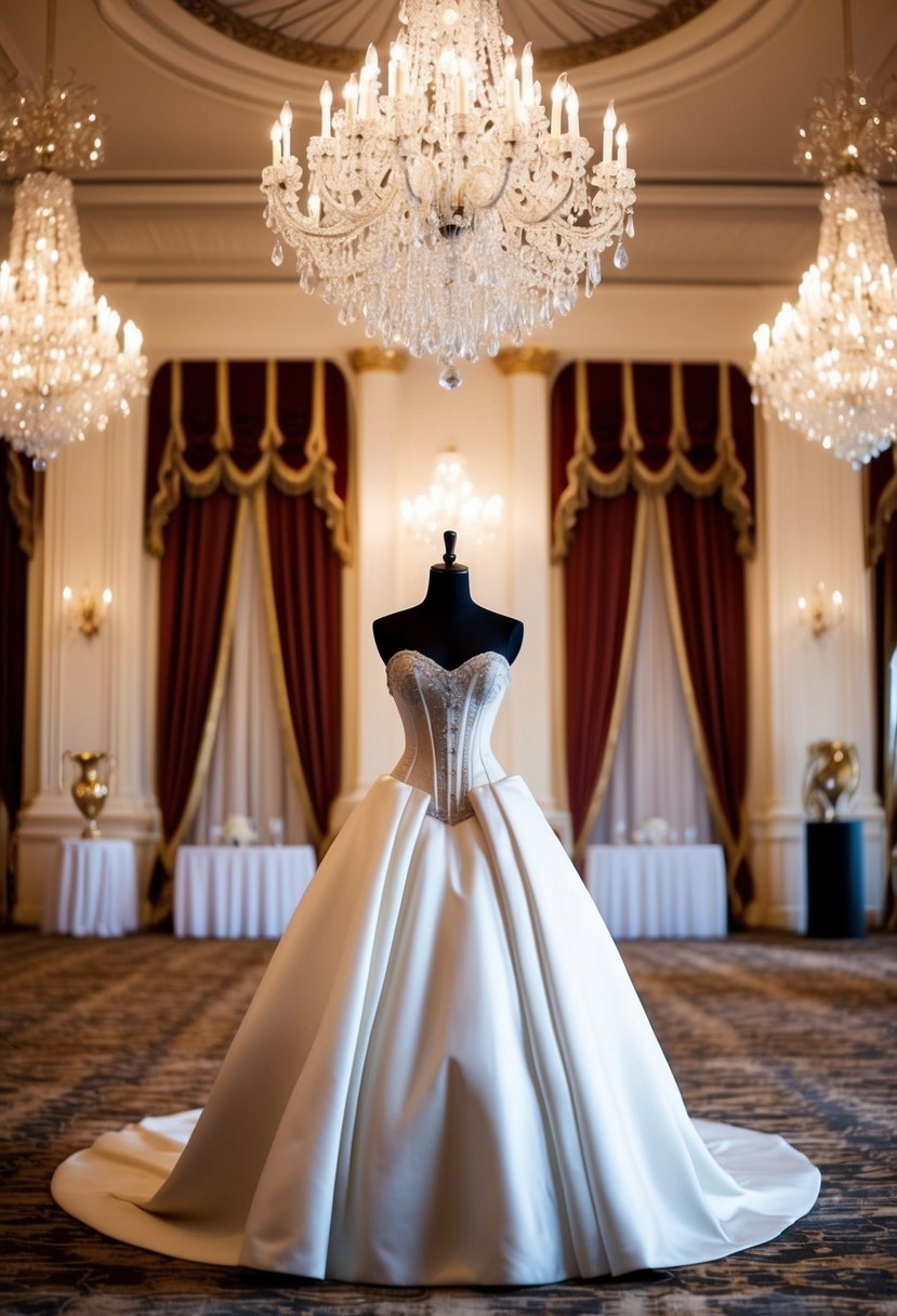 A grand ballroom with crystal chandeliers, opulent drapery, and a regal corset ball gown wedding dress on a mannequin