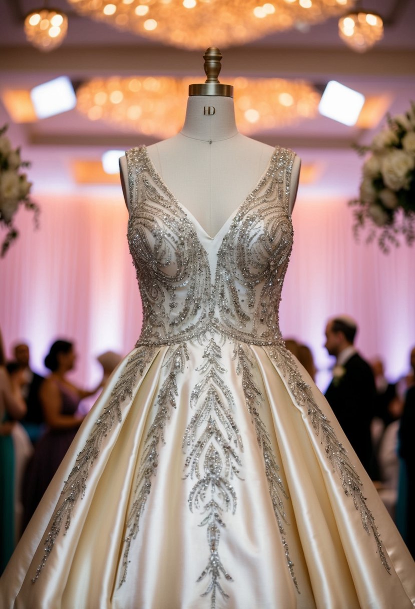 A satin dress with intricate tinsel embroidery, shimmering under soft lighting at a Jewish wedding celebration