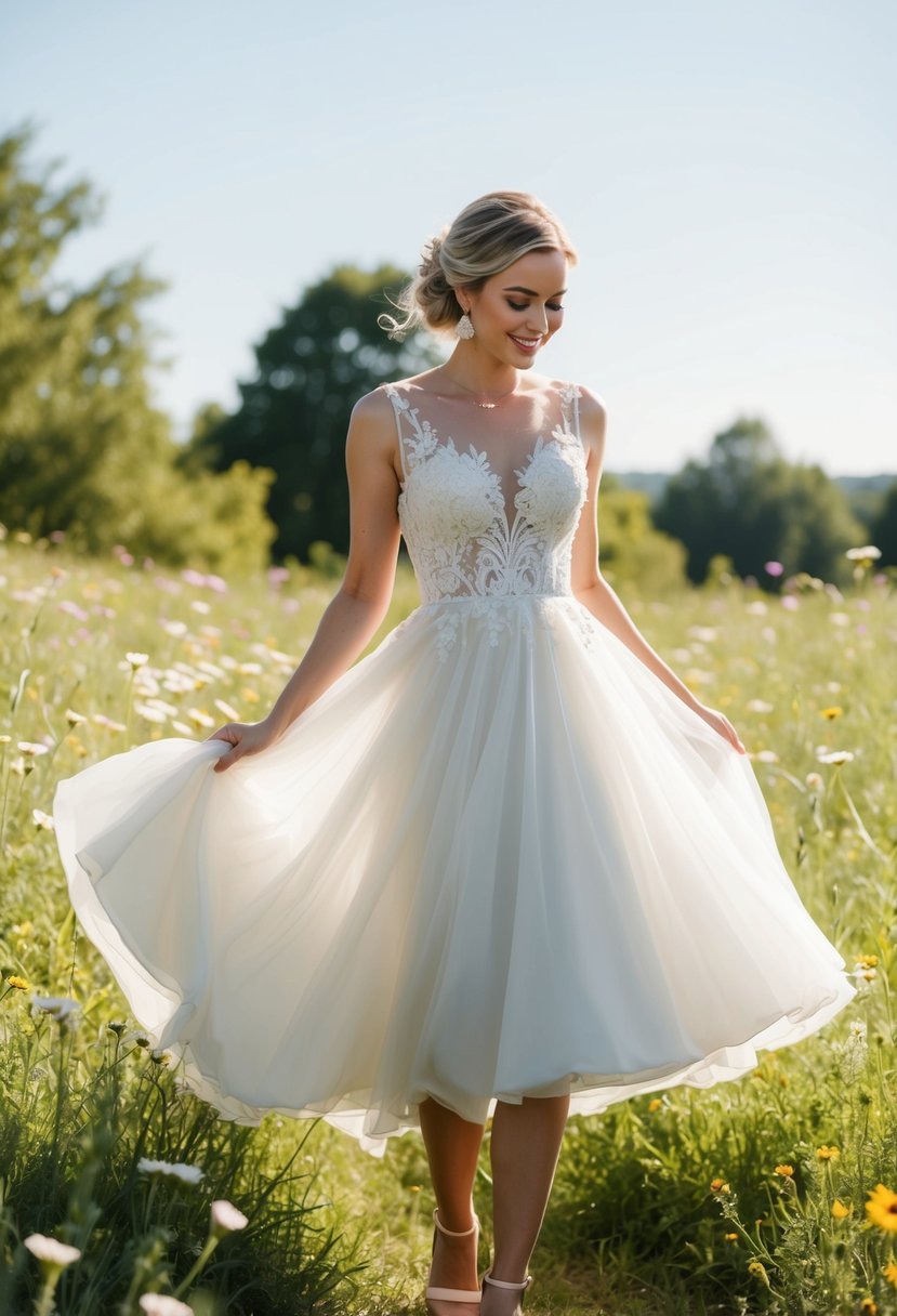 A bride twirls in a flowy, knee-length wedding dress, surrounded by wildflowers in a sunlit meadow