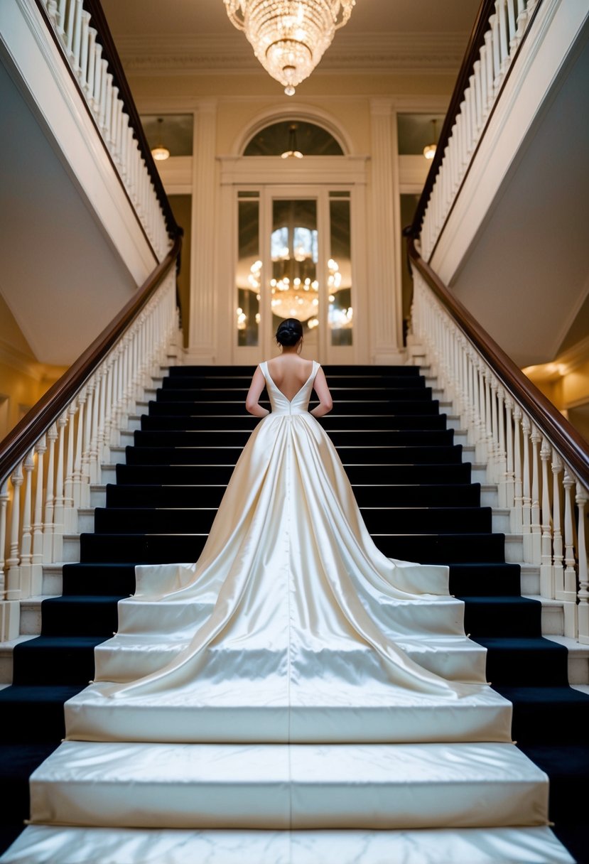 A drop-waist satin gown cascading down a grand staircase