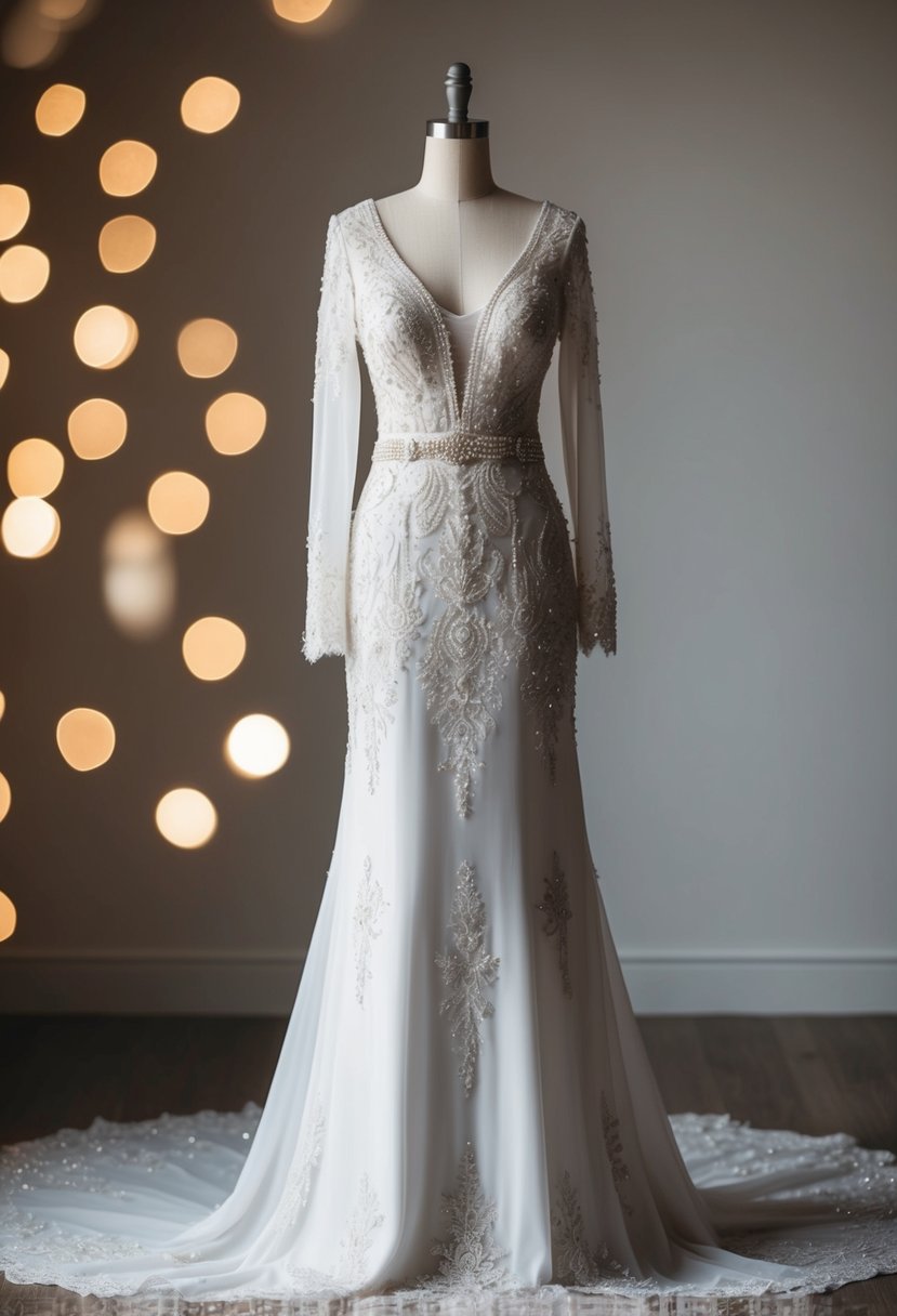 A long-sleeve dress adorned with intricate lace and delicate beading, flowing gracefully to the floor