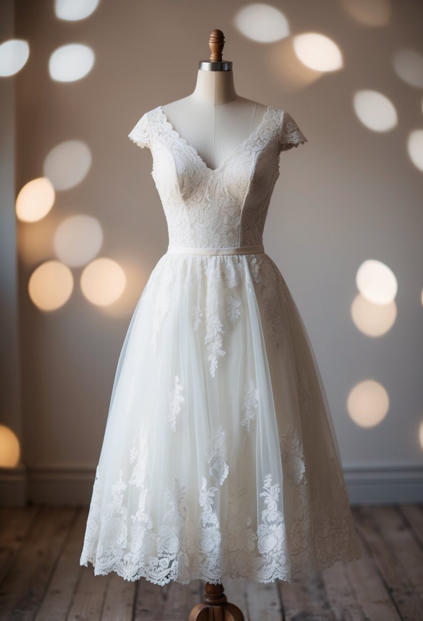 A lace tea-length wedding dress displayed on a vintage dress form with delicate details and a classic feel