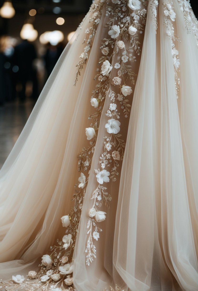 A delicate tulle gown adorned with intricate floral embellishments cascading down the skirt