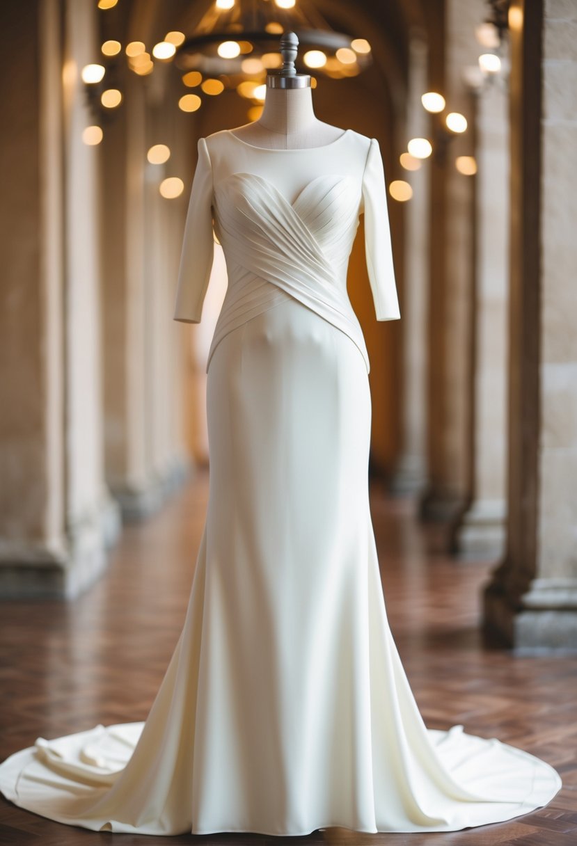 An elegant off-white column dress with modest design, suitable for a Jewish wedding