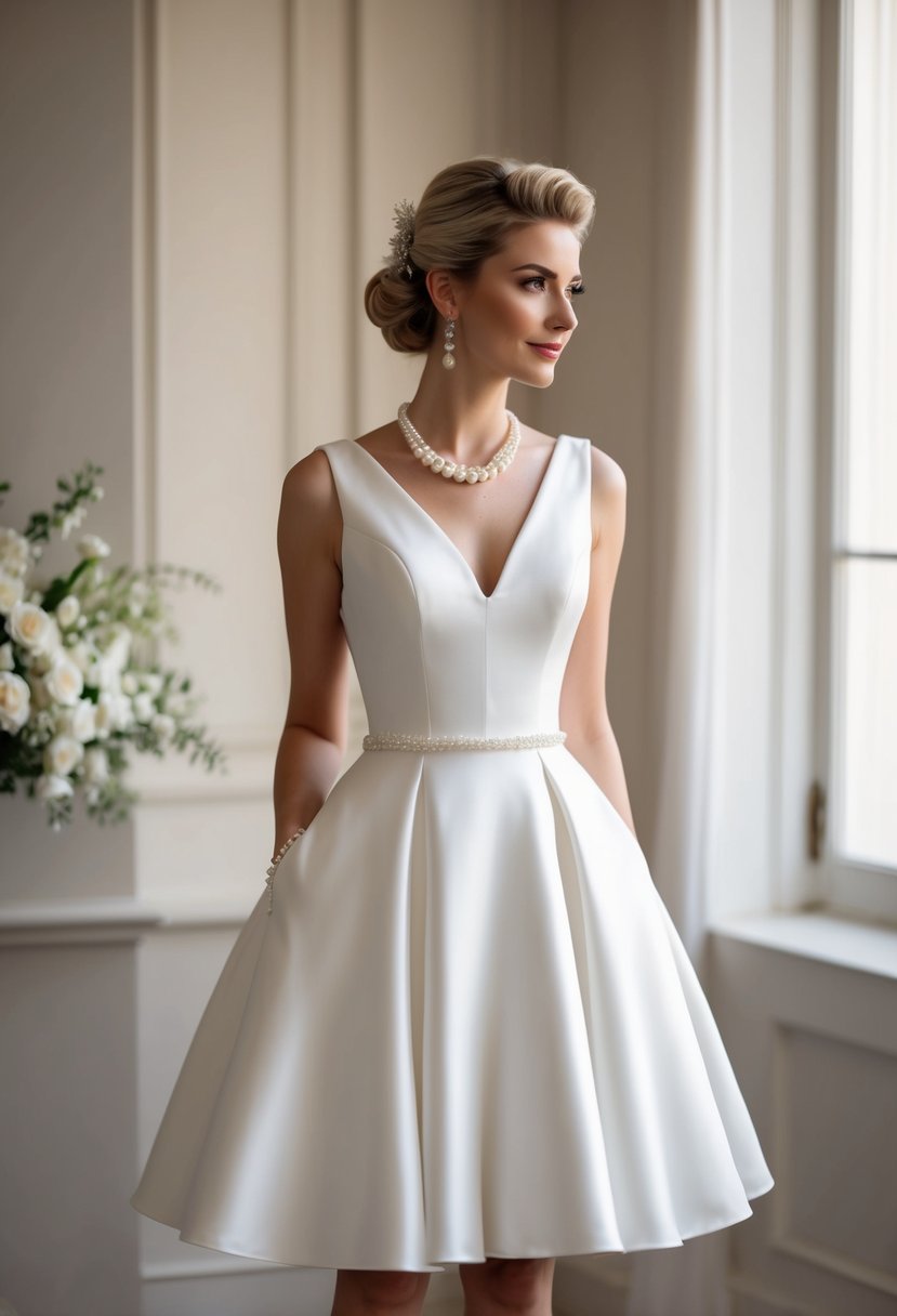 A bride in a chic A-line cut short wedding dress, with a classic updo and delicate pearl accessories, exudes elegance and timeless sophistication