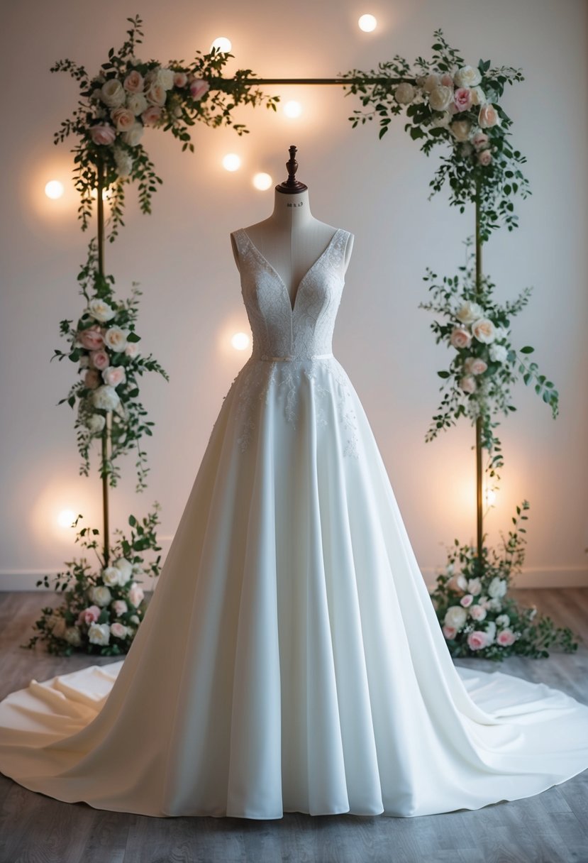 An elegant A-line wedding gown on a mannequin, surrounded by soft lighting and delicate floral accents