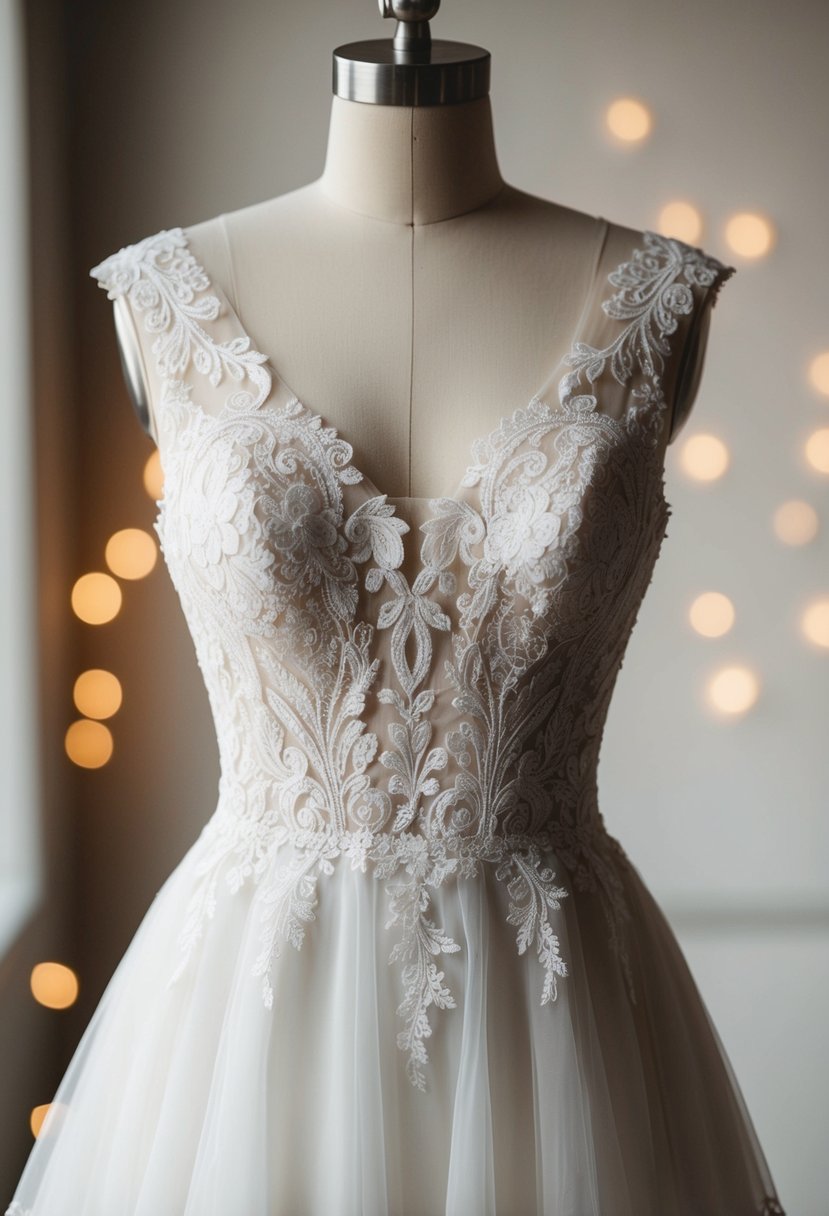 A short wedding dress with delicate lace detailing cascading down the bodice and hem, exuding timeless elegance