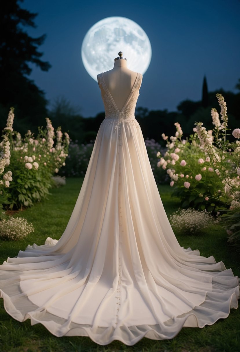 A flowing chiffon gown in a moonlit garden, surrounded by delicate flowers and soft, billowing fabric