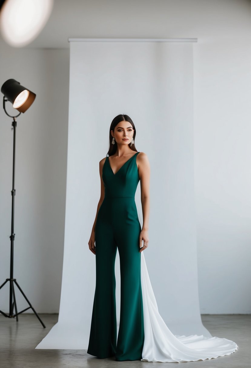 A modern jumpsuit with a train gown, set against a minimalist backdrop with soft lighting