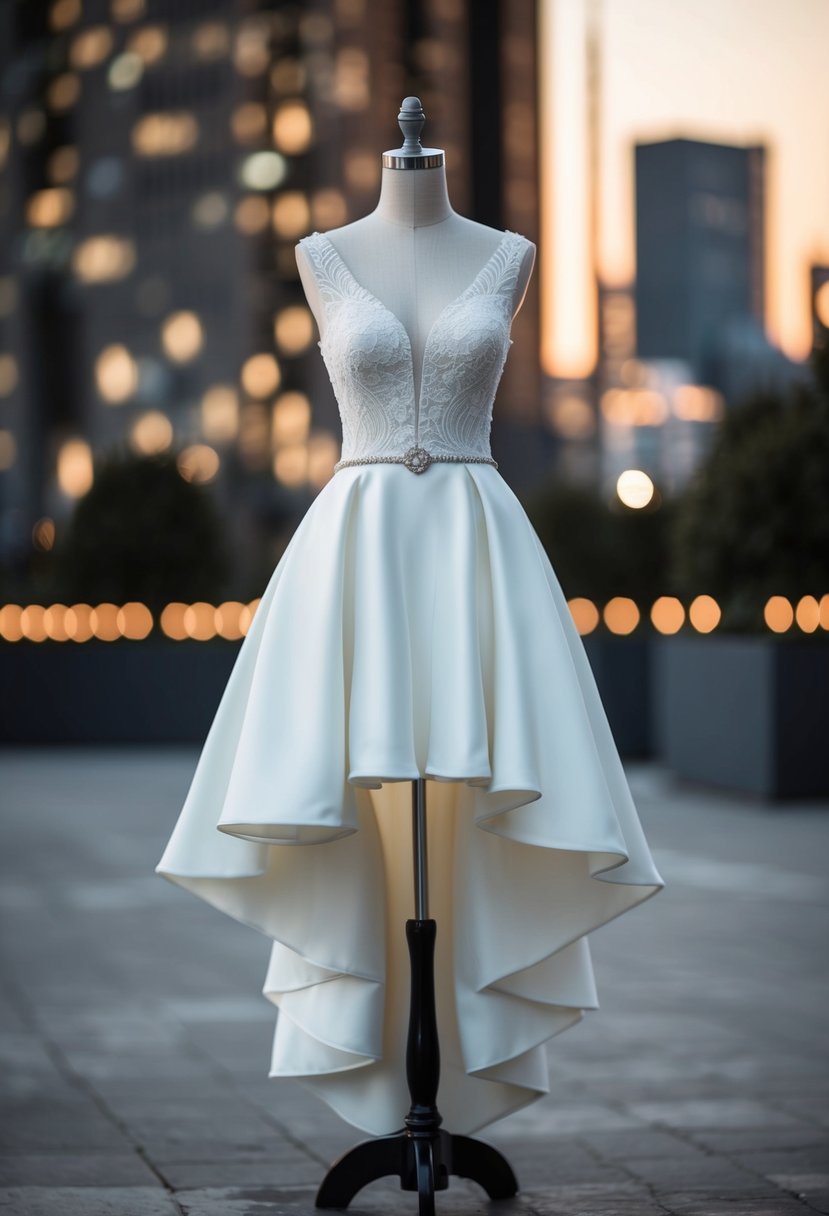 A short wedding dress with a high-low hem, featuring a modern and stylish design