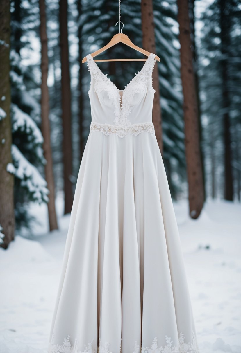 A white velvet winter wedding dress hangs on a hanger, adorned with delicate lace and shimmering beadwork, set against a snowy forest backdrop