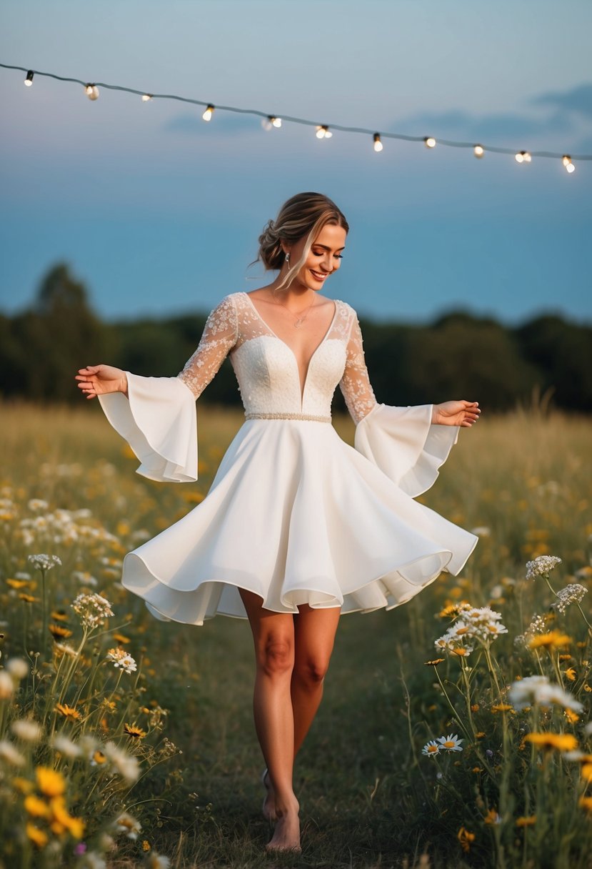 A bride dances barefoot in a field, wearing a short, flowy wedding dress with billowing bell sleeves, surrounded by wildflowers and twinkling fairy lights