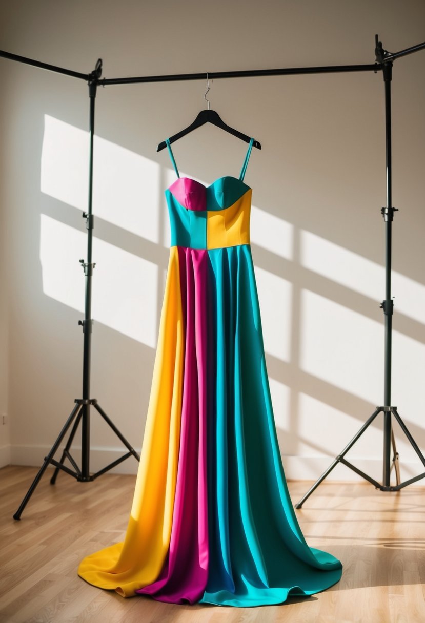 A vibrant color-block gown hangs in a sunlit studio, casting bold shadows