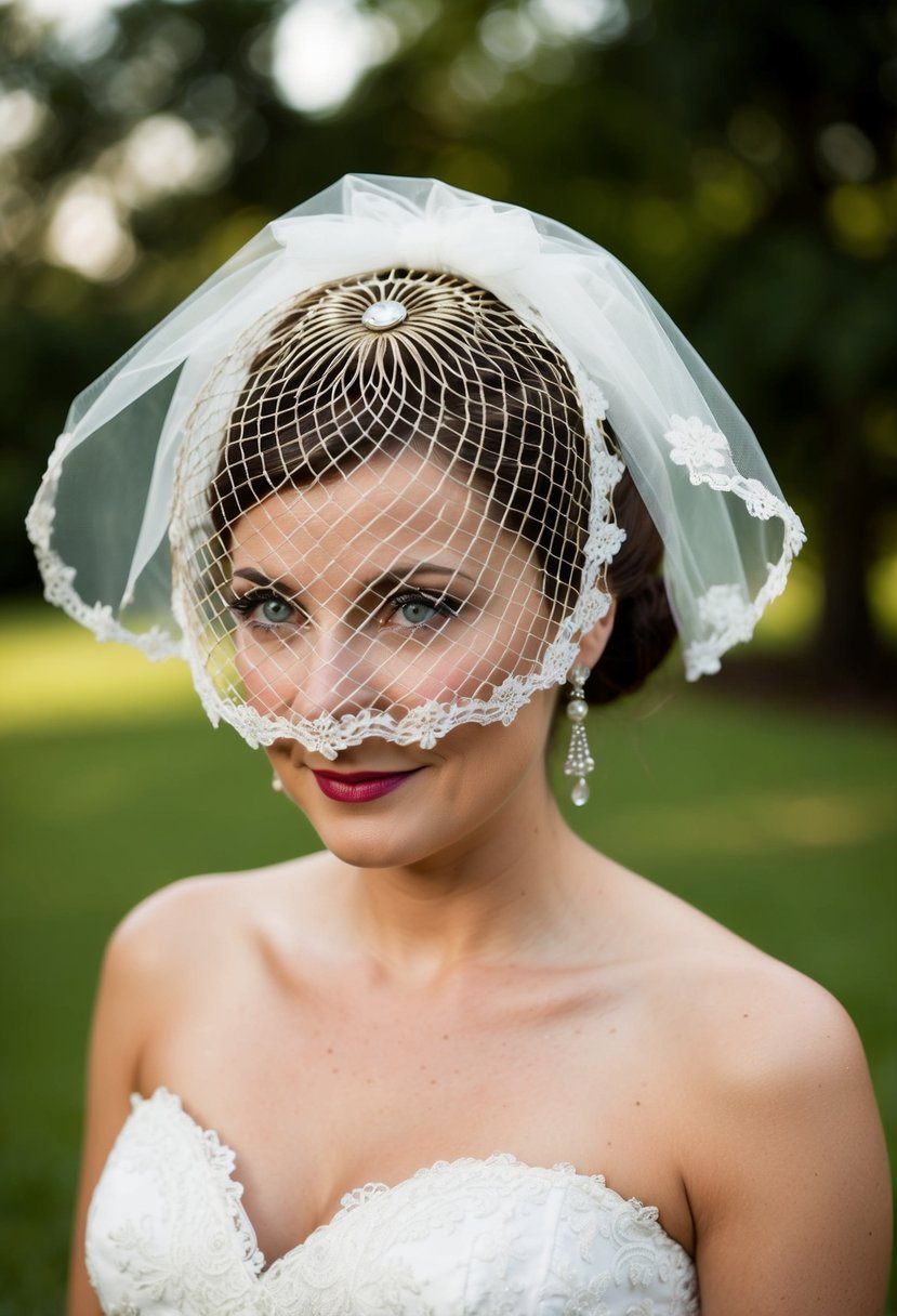 A vintage-inspired birdcage veil adorns a short wedding dress, adding retro charm to the bride's ensemble