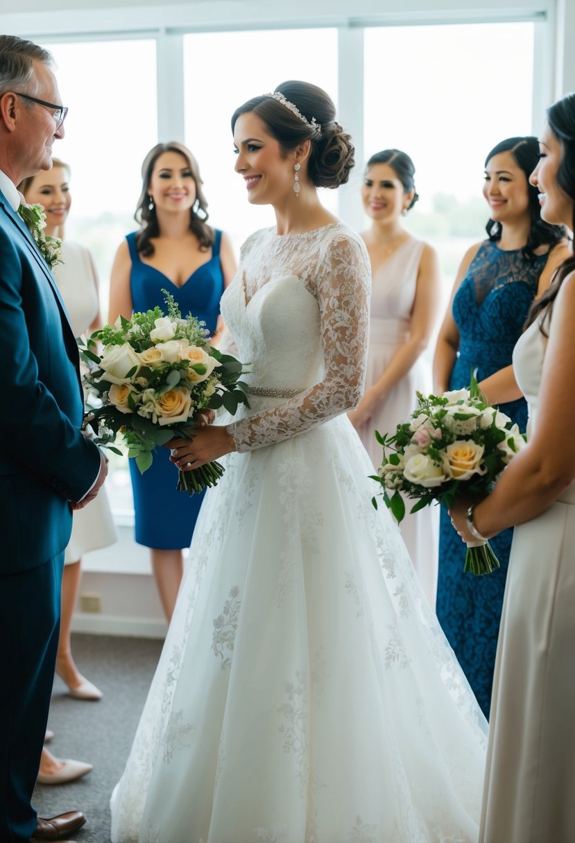 A bride trying on a white lace gown, surrounded by friends and family, holding a bouquet of flowers