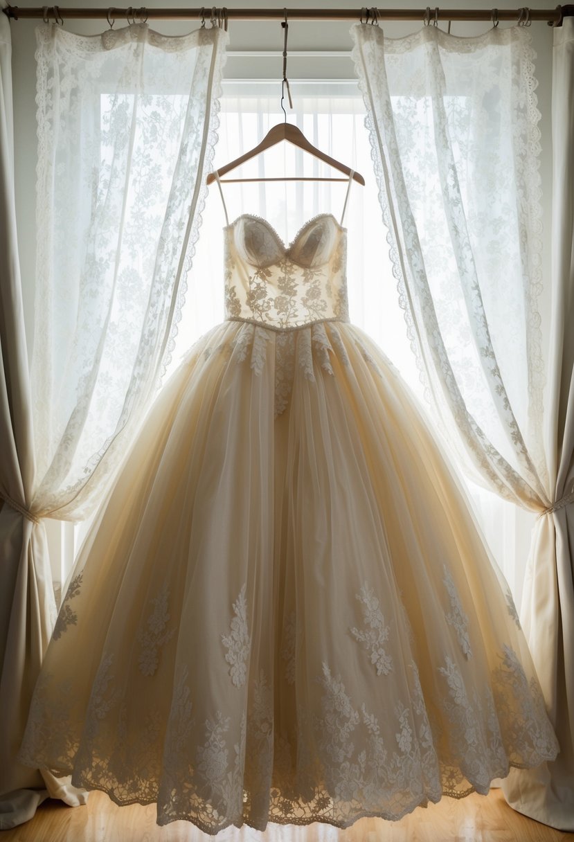 A vintage lace ballgown hangs on a rustic wooden hanger, surrounded by soft natural light filtering through lace curtains