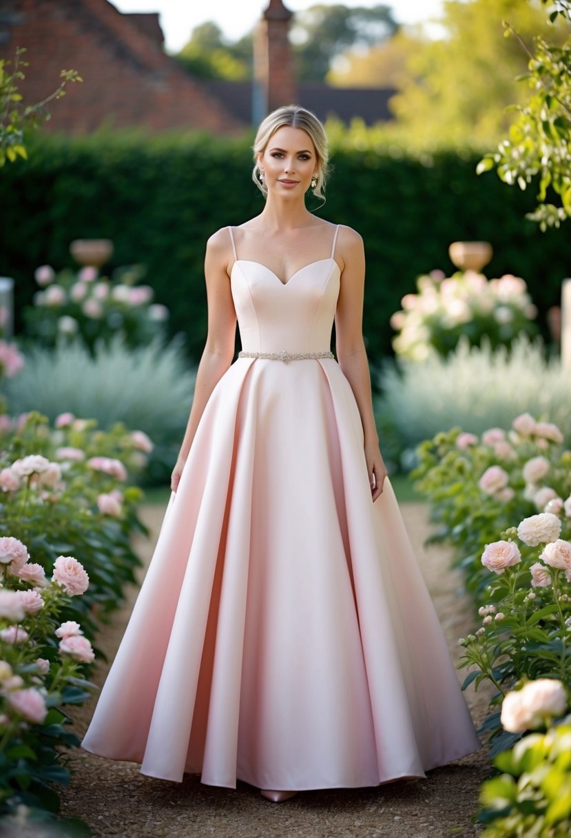 A bride in a blush pink A-line dress stands in a garden, surrounded by blooming flowers and greenery, with a soft, romantic atmosphere