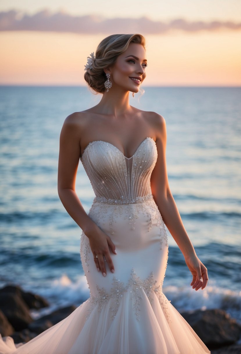 A mermaid gown with a sweetheart neckline, adorned with delicate lace and intricate beading, set against a romantic sunset backdrop by the ocean