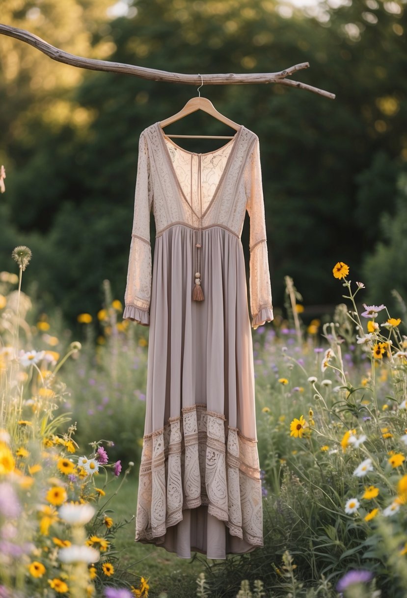 A bohemian long sleeve dress hanging on a rustic wooden hanger, surrounded by wildflowers and vintage lace