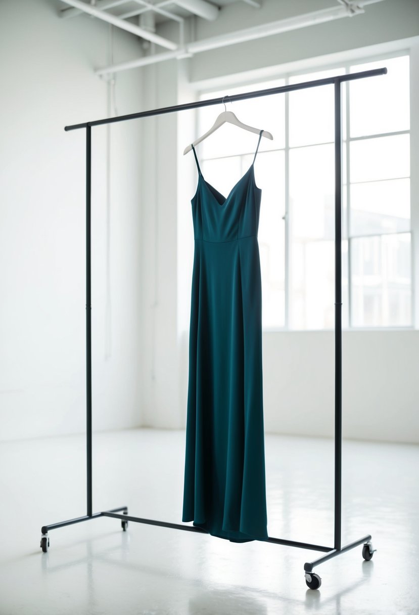 A sleek, floor-length slip dress hangs on a minimalist rack in a bright, airy studio