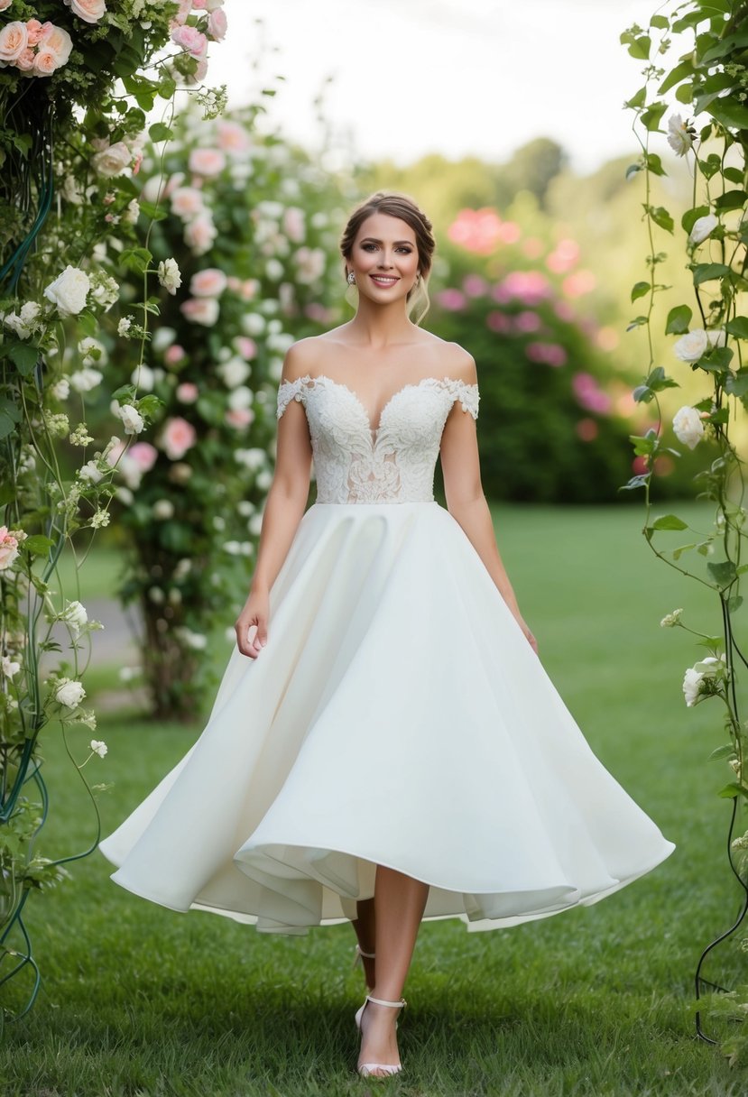 A bride twirls in a short, off-the-shoulder wedding dress, surrounded by blooming flowers and trailing vines