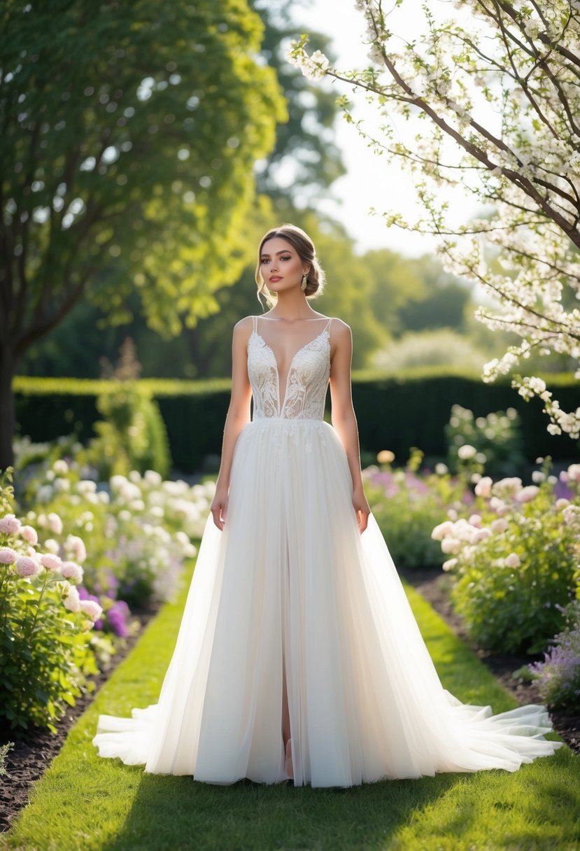 A bride in a flowing tulle skirt gown stands in a garden, surrounded by blooming flowers and soft sunlight filtering through the trees