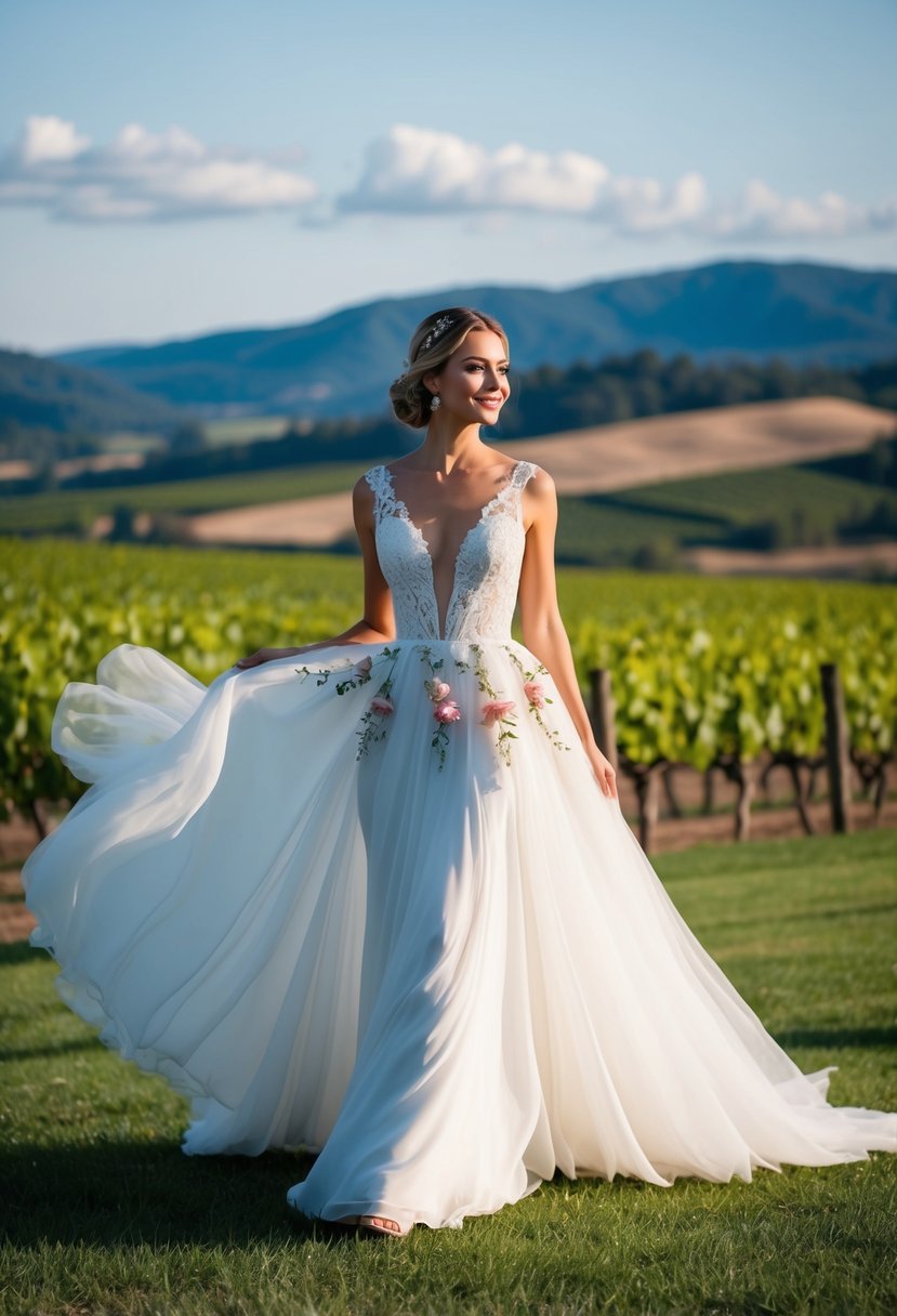 A flowing white gown with delicate lace and floral accents, set against a backdrop of rolling hills and vineyards