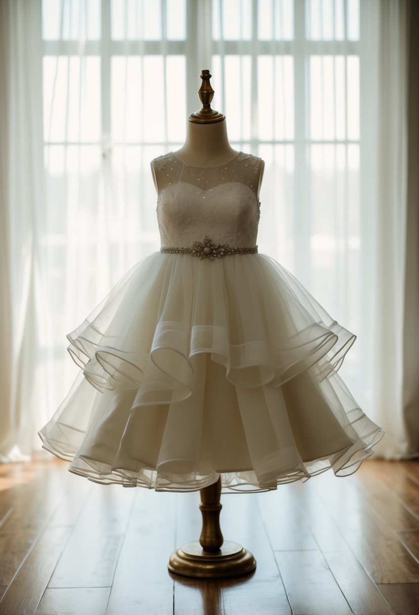 A short wedding dress with layers of tulle and organza, creating a light and airy texture