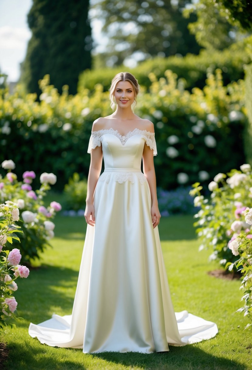 A bride stands in a garden, wearing an off-shoulder satin dress, with a flowing skirt and delicate lace details, surrounded by blooming flowers and lush greenery