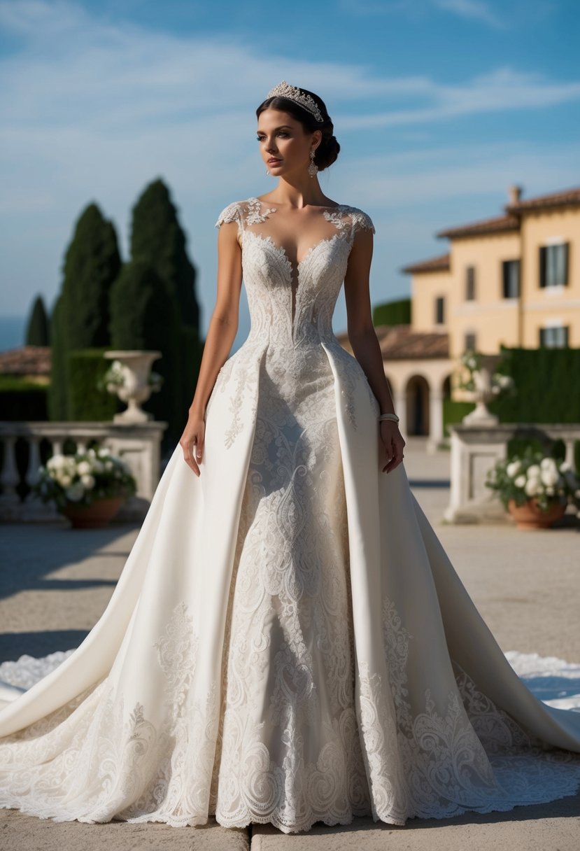 An opulent empire wedding gown with intricate lace and elegant draping, set against a backdrop of a grand Italian villa