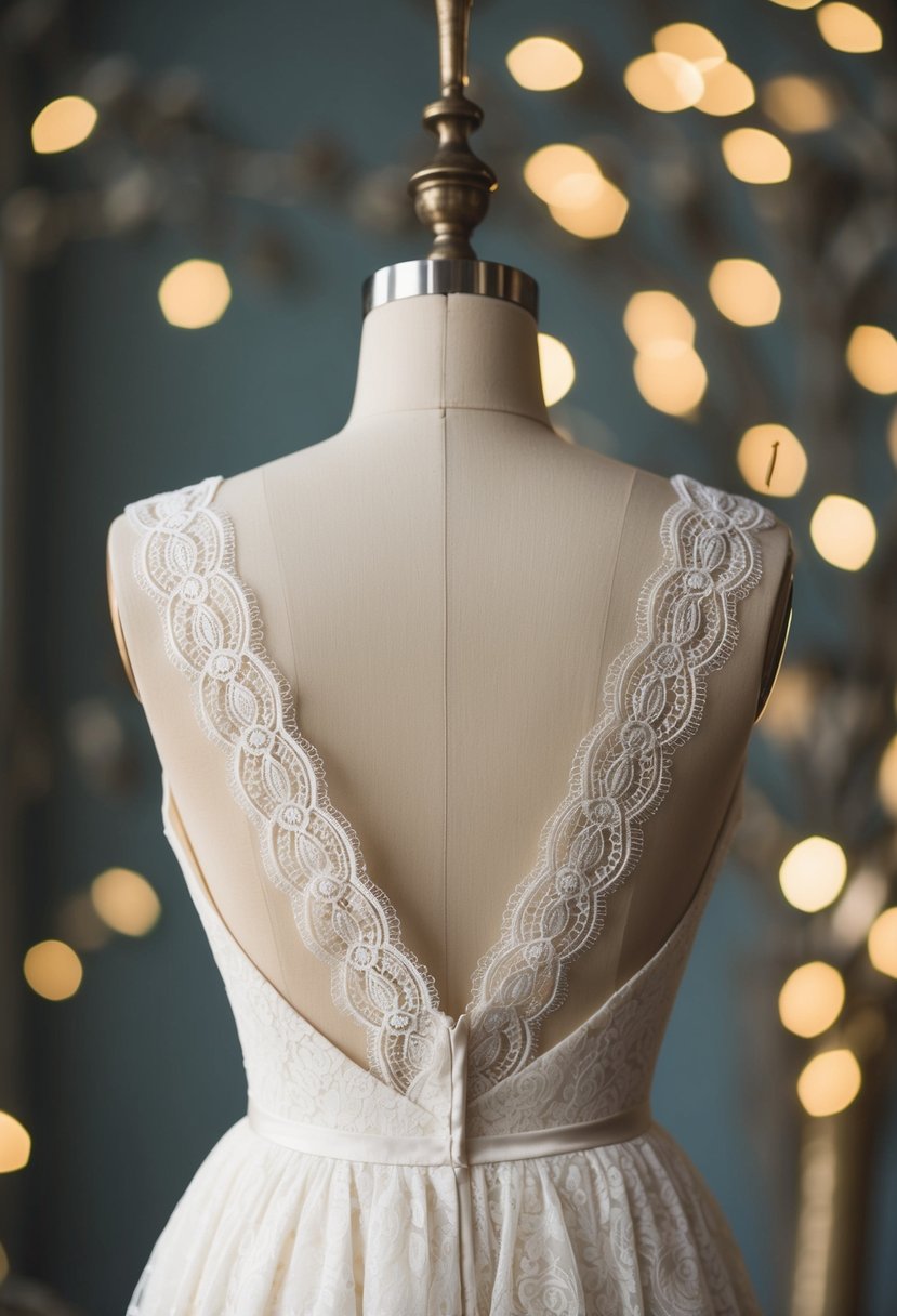 An elegant lace back dress hanging on a vintage-inspired mannequin