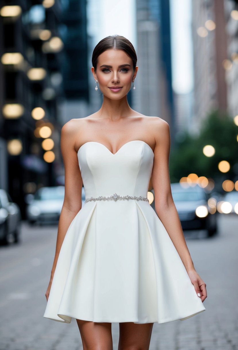 A modern short wedding dress with a strapless neckline, featuring clean lines and contemporary details