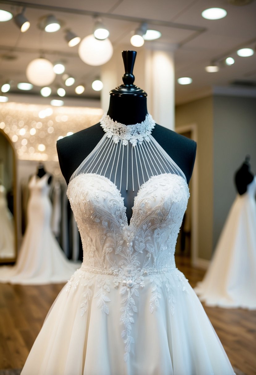 An elegant high-neck wedding dress displayed on a mannequin in a softly lit bridal boutique