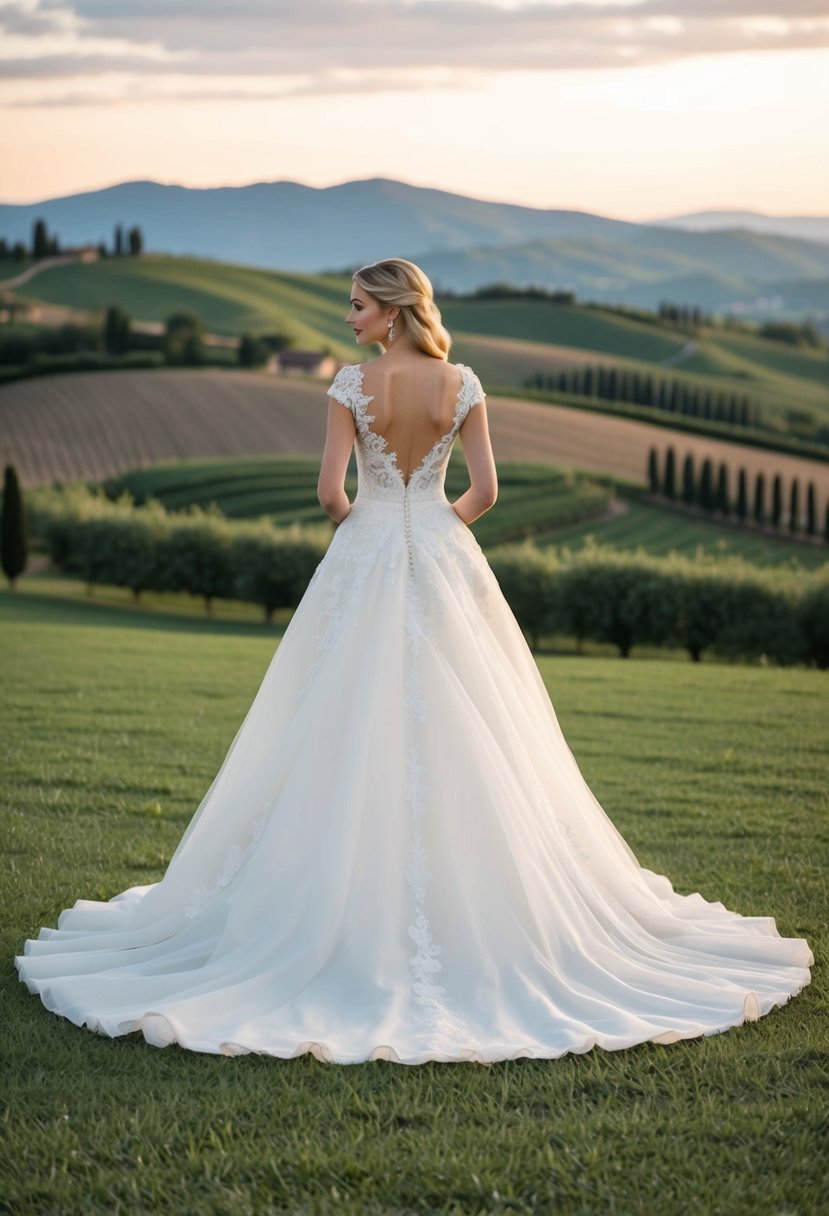 An elegant A-line wedding dress with delicate lace and a flowing train, set against a backdrop of rolling Tuscan hills