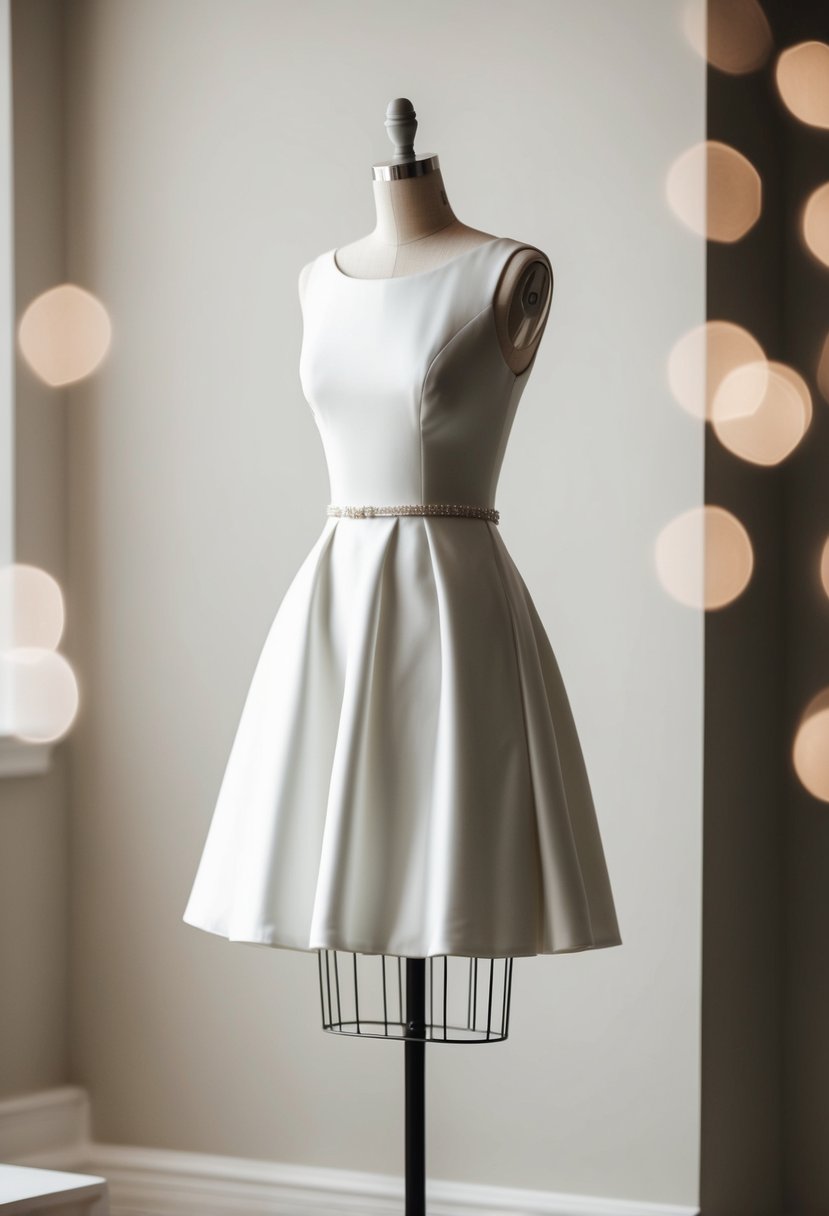 A simple, elegant short wedding dress on a sleek mannequin