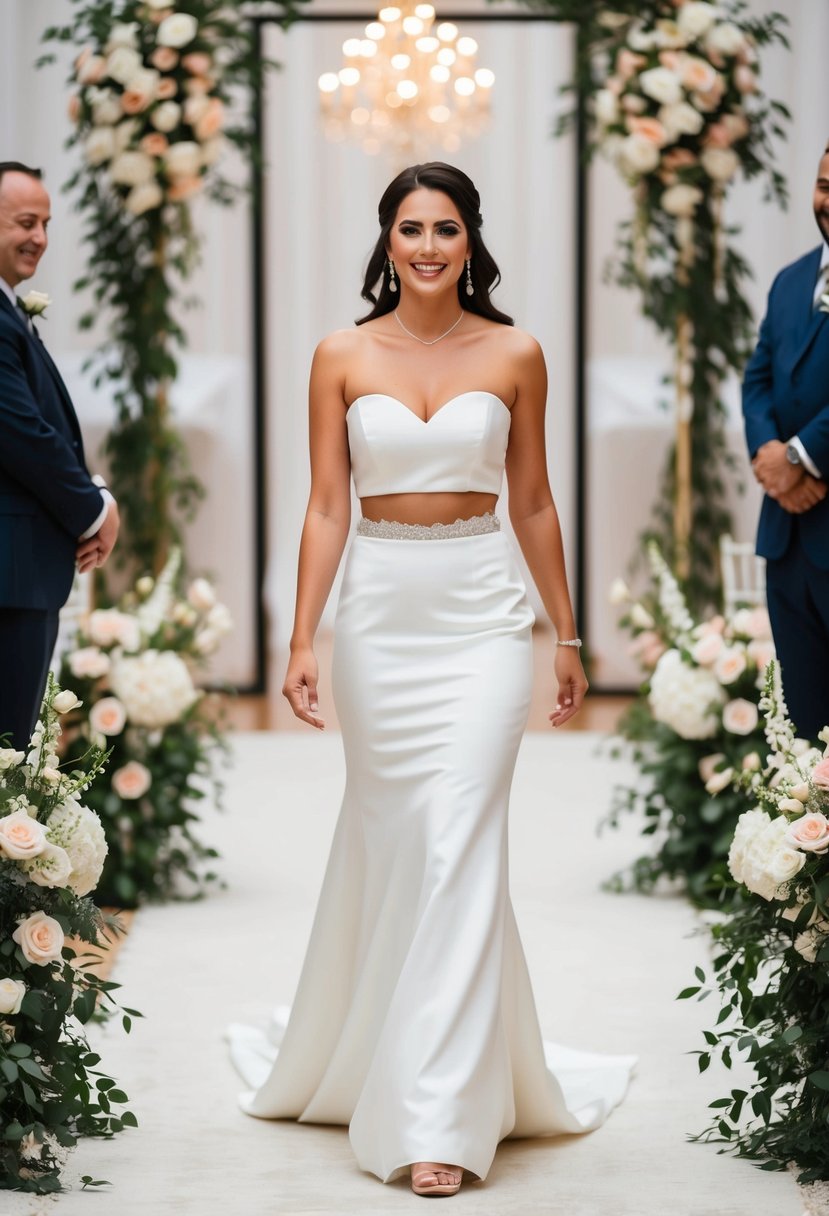 A bride in a chic two-piece bridal set walks down the aisle, surrounded by flowers and elegant decor, exuding confidence and joy