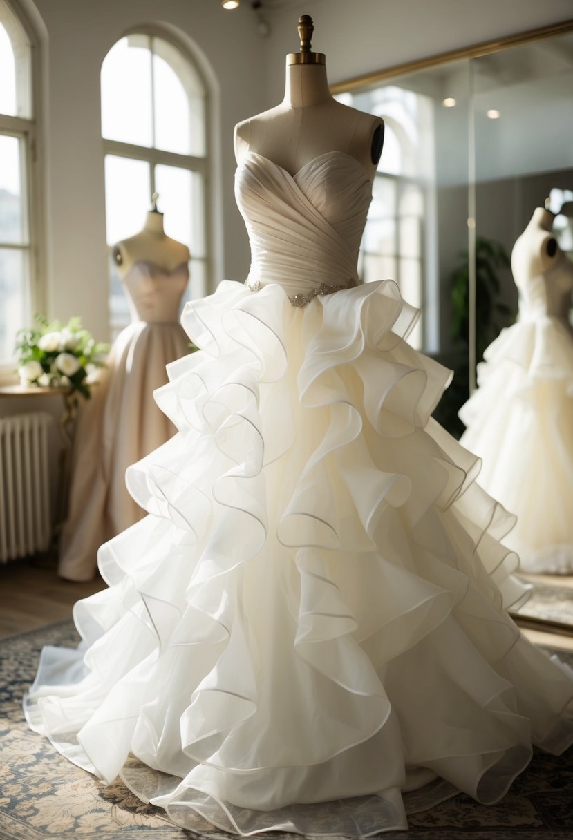 A ruffled organza ballgown hangs on a vintage dress form in a sunlit bridal atelier