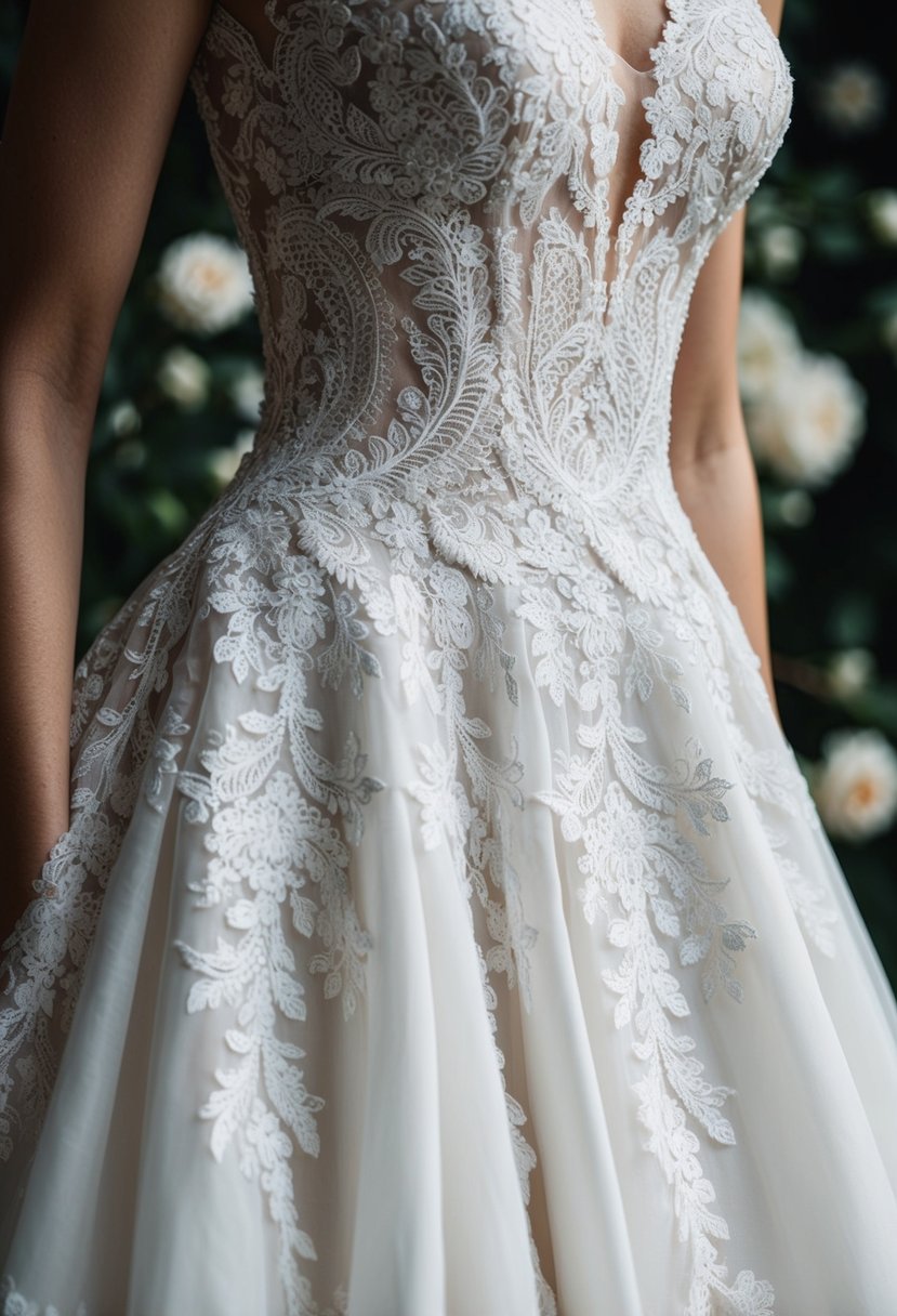 A close-up of a lavish lace pattern cascading down the bodice of an Italian wedding dress, exuding elegance and sophistication