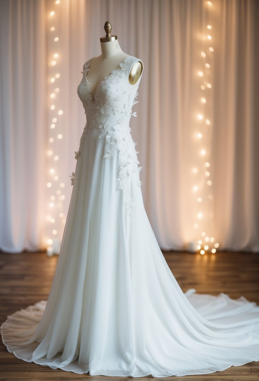 A flowing white wedding gown adorned with delicate floral appliqués, set against a backdrop of soft, romantic lighting