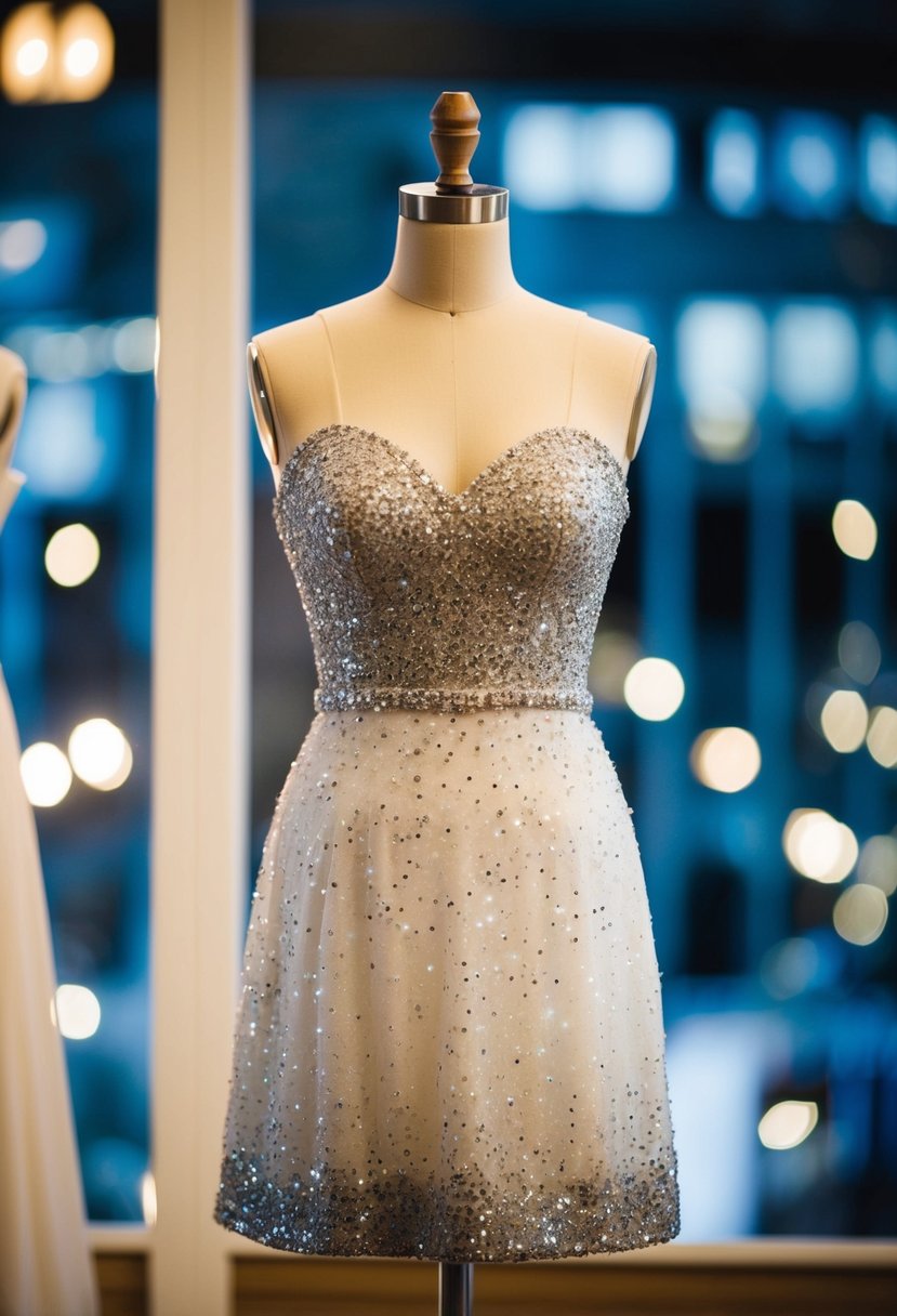 A sparkling sequined short wedding dress displayed on a mannequin