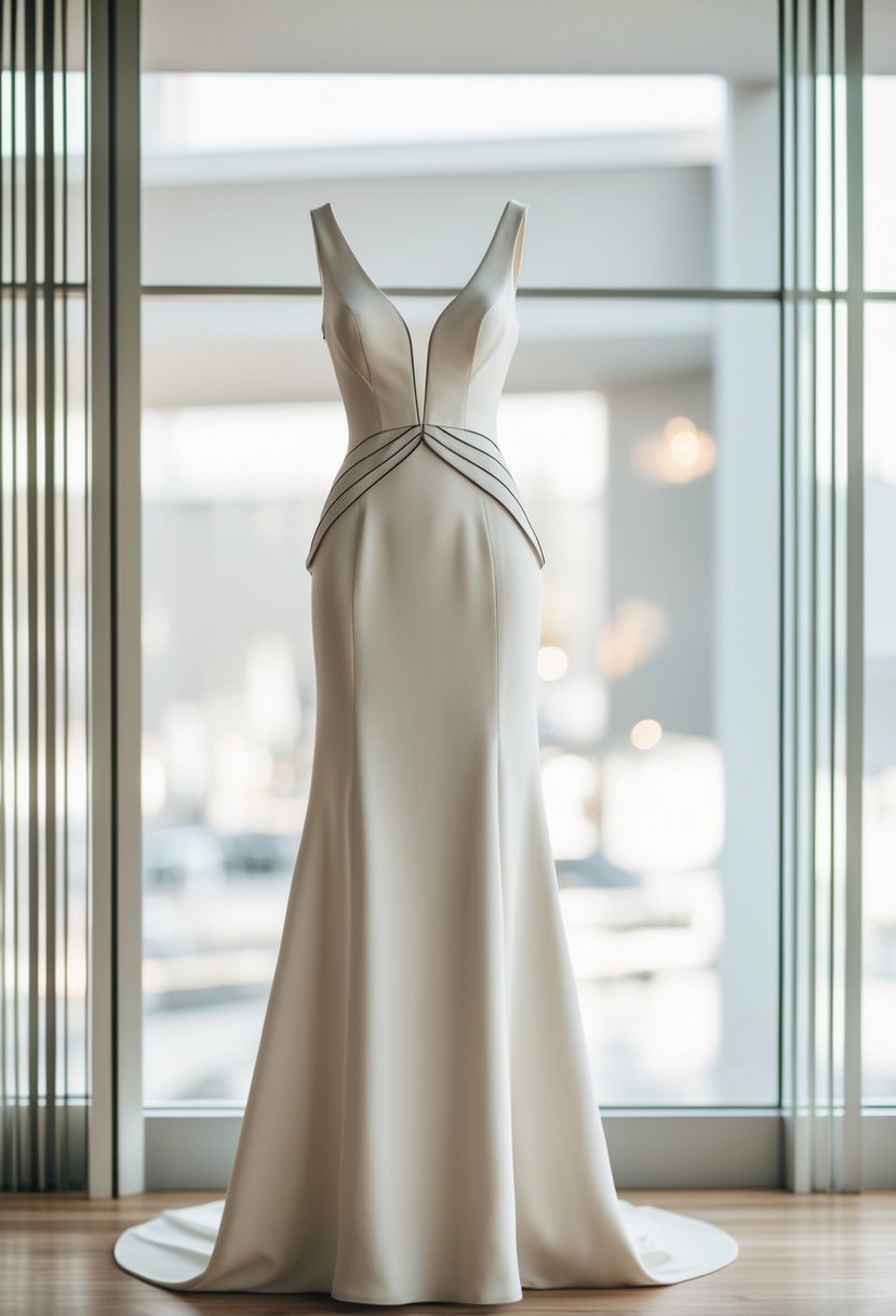 A sleek, modern wedding dress design featuring clean lines and minimalistic architectural details