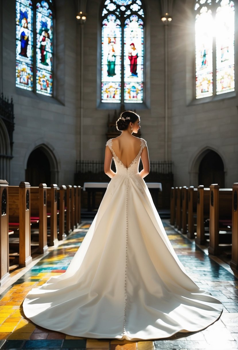 A bride stands in a grand cathedral, wearing a dramatic train dress. The sunlight filters through the stained glass windows, casting colorful patterns on the floor