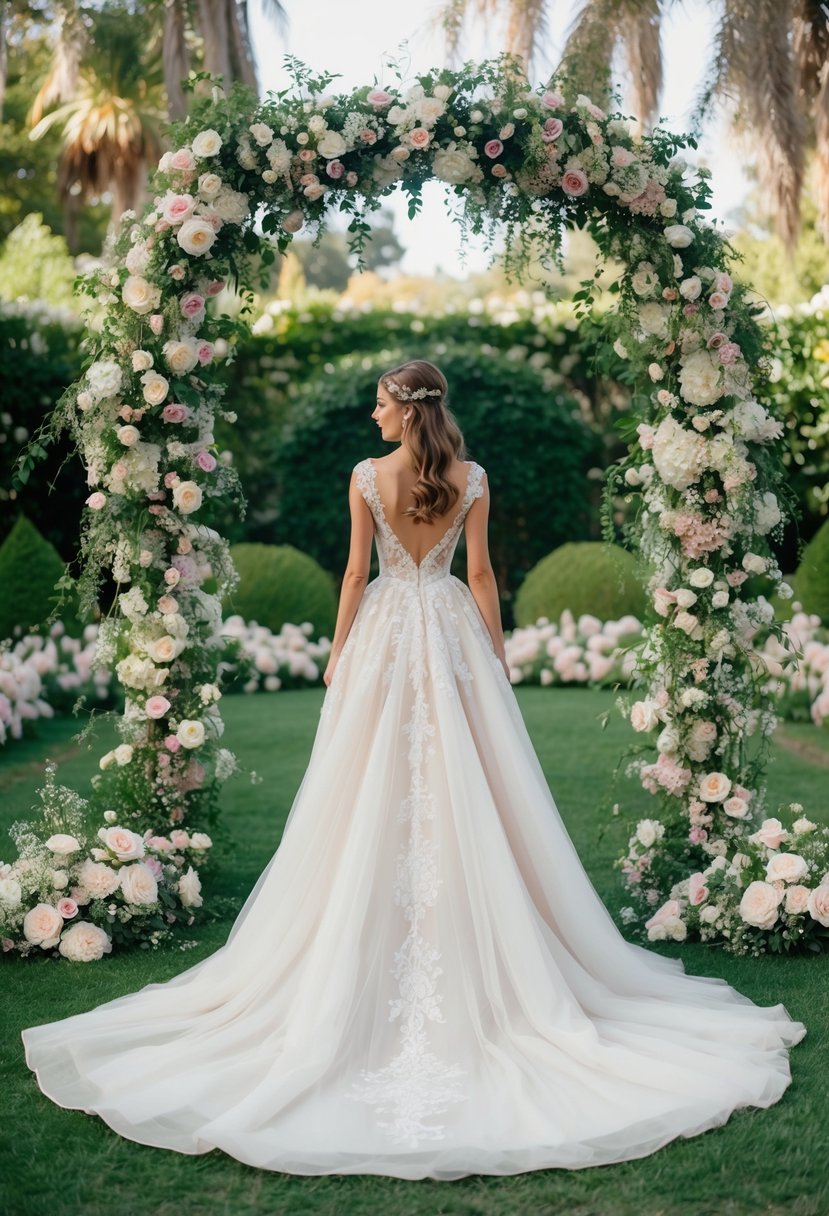 A lush garden setting with cascading floral arches and a flowing, ethereal wedding gown adorned with delicate lace and intricate embroidery