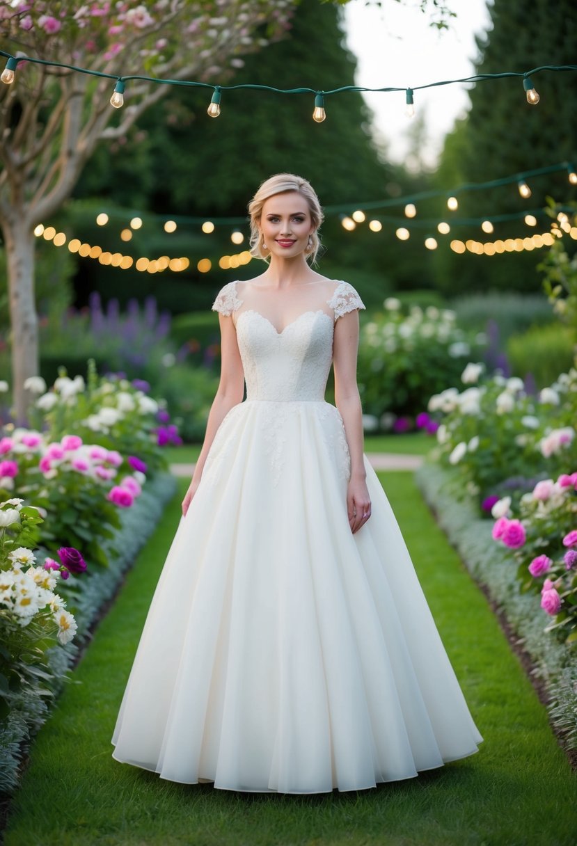 A bride wearing a whimsical tea-length dress, standing in a garden surrounded by blooming flowers and twinkling fairy lights