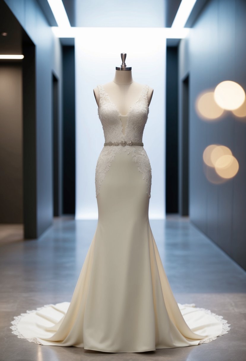 A sleek, drop-waist gown in ivory, adorned with delicate lace and beading, set against a backdrop of a modern, minimalist wedding venue