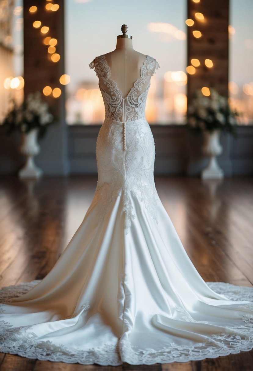 A custom handmade Italian wedding dress with unique flair, featuring intricate lace details and flowing silk fabric